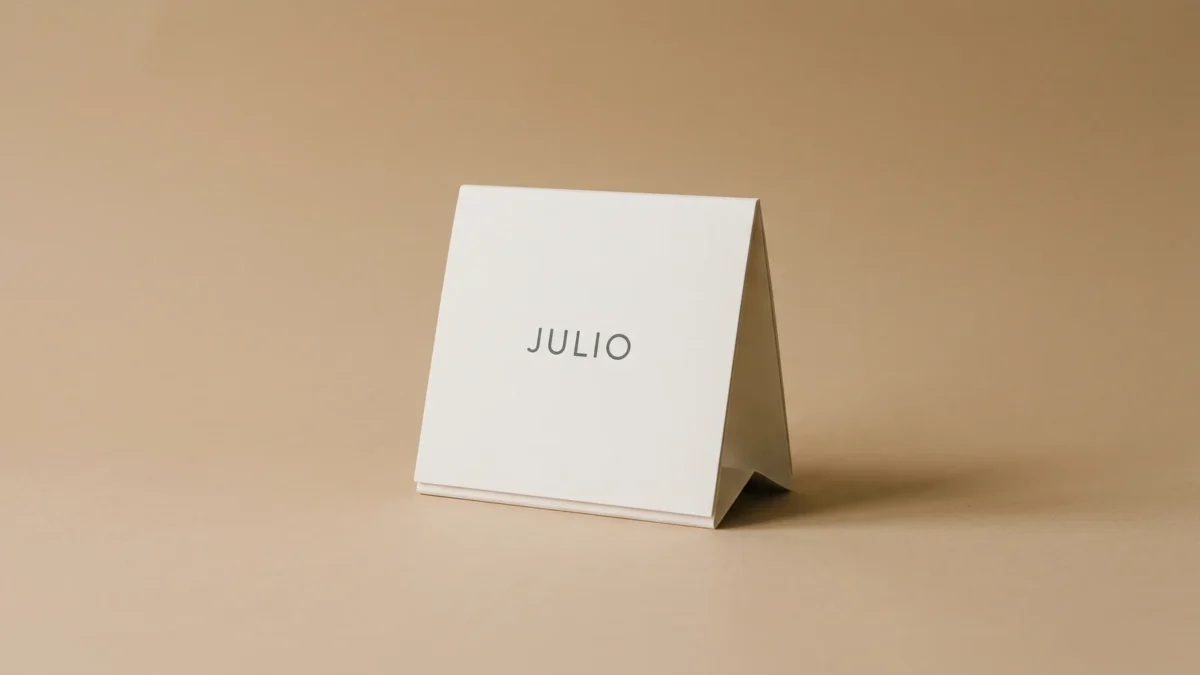 Calendario de sobremesa plegado en tienda de campaña con el mes «JULIO» impreso, bodegón editorial de toma frontal — gastos mensuales de una persona — unente