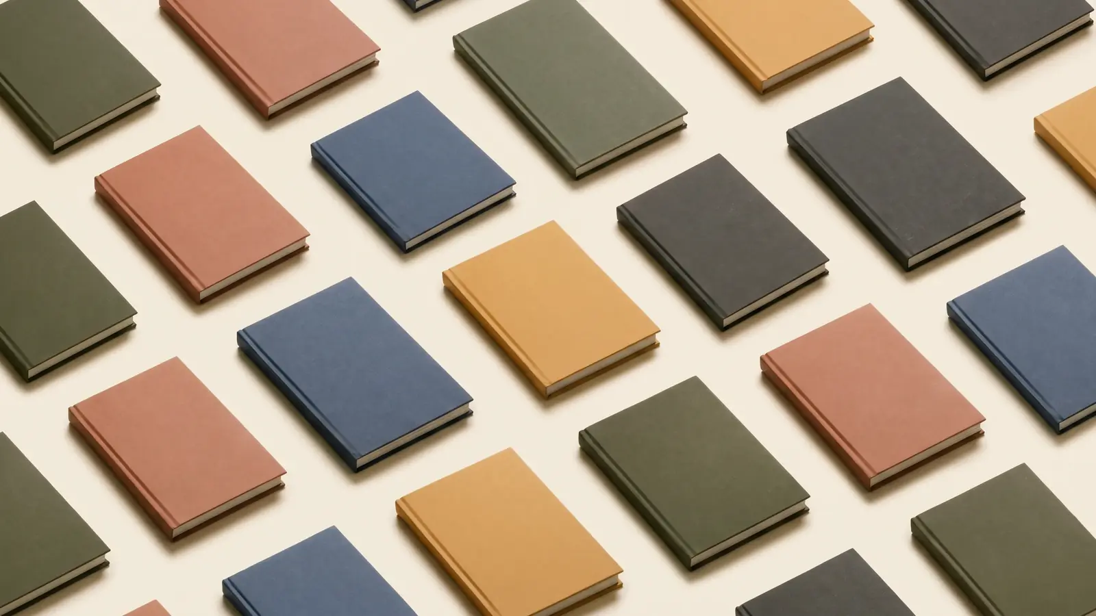 Patrón de libros de tapa dura en oliva, terracota, azul y ocre, lectura y vida en singular