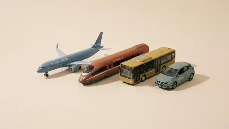 Avión, tren, bus y coche en miniatura, bodegón editorial — viajar solo — unente