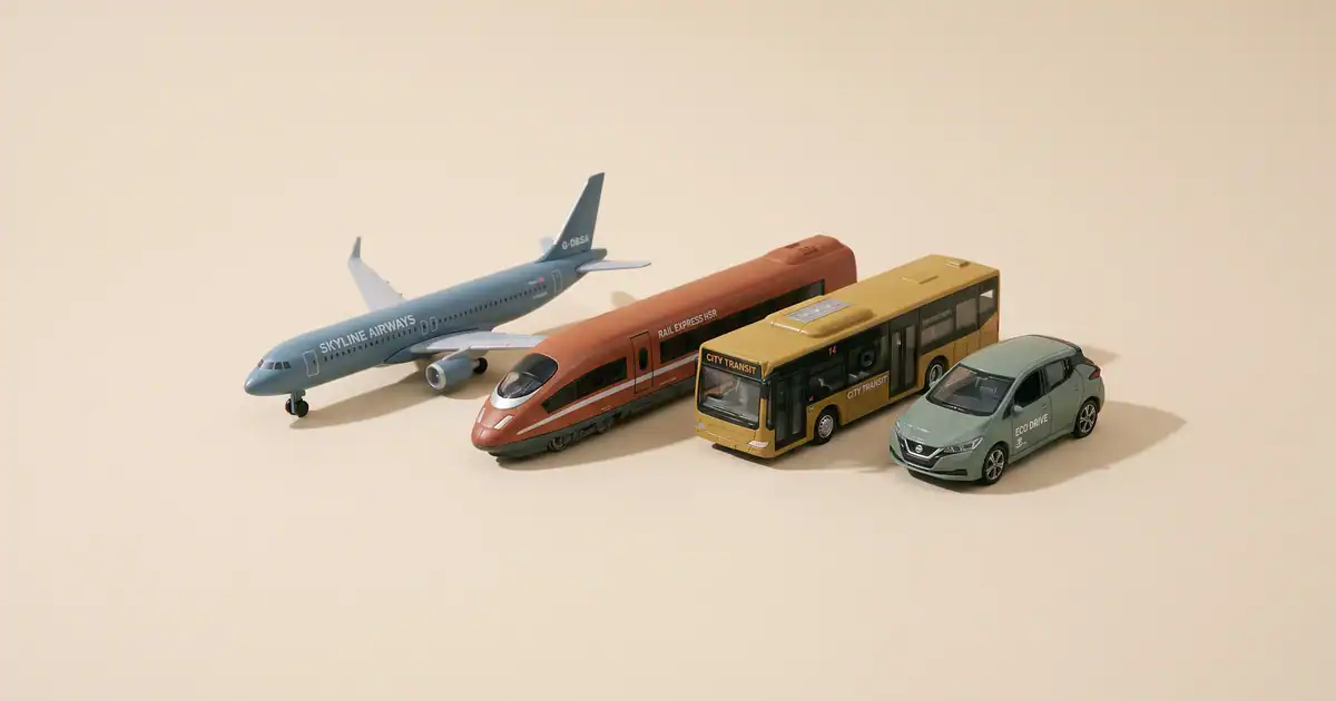 Avión, tren, bus y coche en miniatura, bodegón editorial — viajar solo — unente